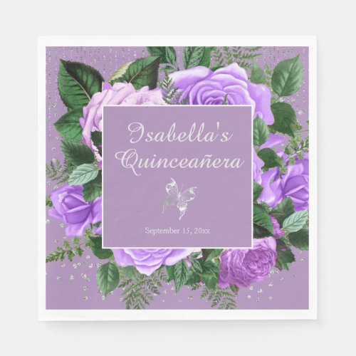 Purple Pink Flowers Silver Butterfly Quinceaera Napkins