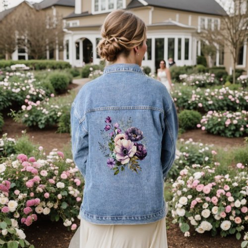 Purple Pink Flowers Stylish Elegant Denim Jacket