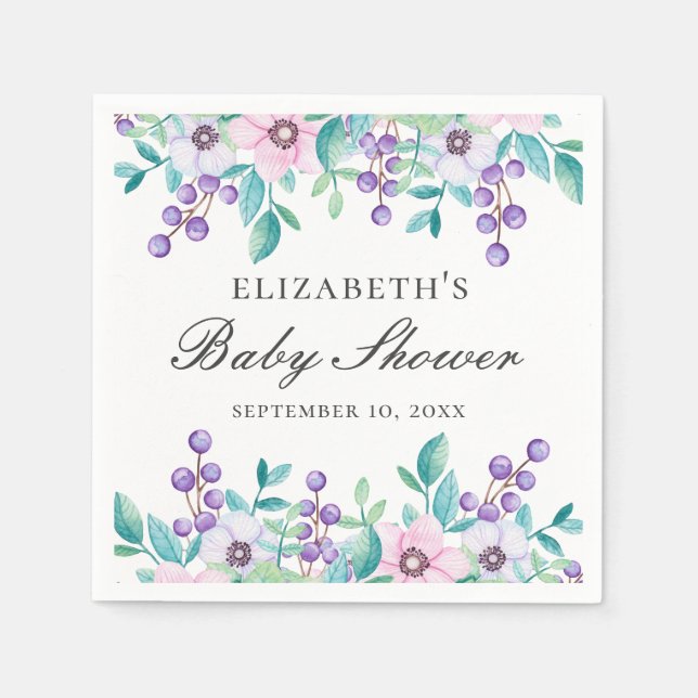Purple pink flowers. Watercolor floral baby shower Napkins (Front)