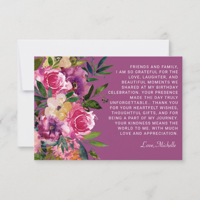 Purple Pink Flowers Women's Birthday Thank You Card (Front)