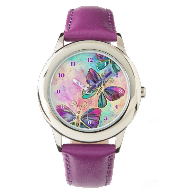 Purple Pink Flying Butterflies Watch (Front)