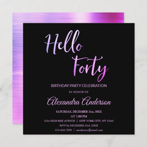 Purple Pink Foil Hello 40 Forty Birthday Party Invitation