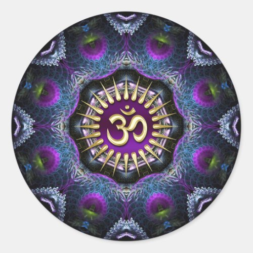 Purple Pink Fractals OM Shield Art Classic Round Sticker