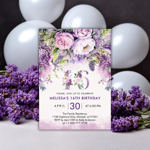 Purple  Pink Garden Flowers 16th Birthday Invitation