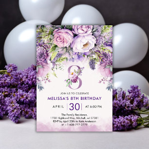 Purple & Pink Garden Flowers Girl 8th Birthday Invitation