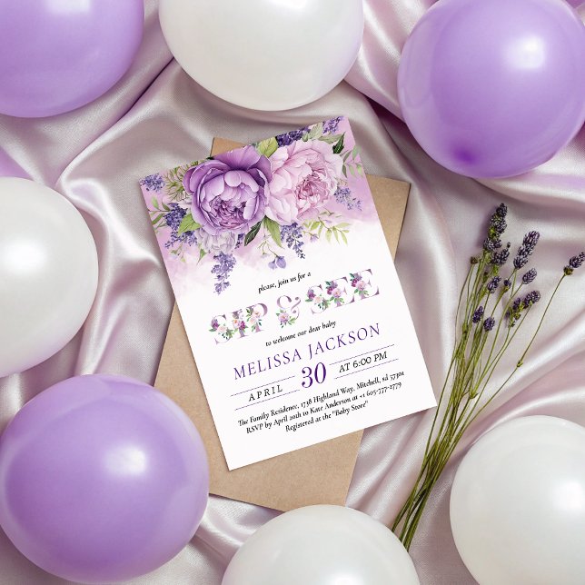 Purple & Pink Garden Flowers Girl Sip And See Invitation (Purple & Pink Garden Flowers Girl Sip And See Invitation)