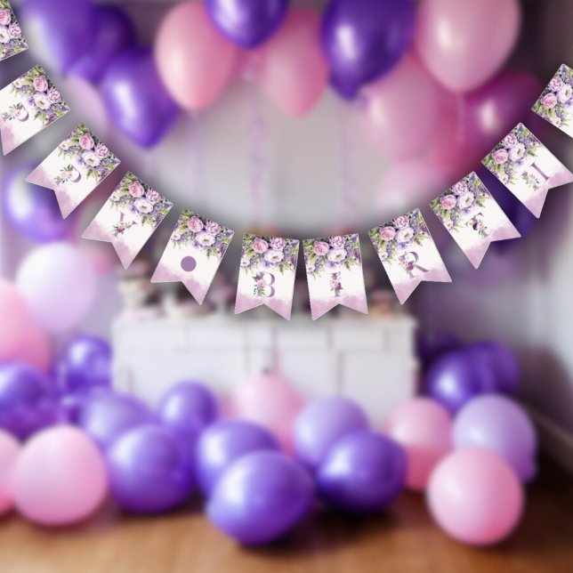 Purple & Pink Garden Flowers Happy Birthday Bunting Flags (Purple & Pink Garden Flowers Happy Birthday Bunting Flags)