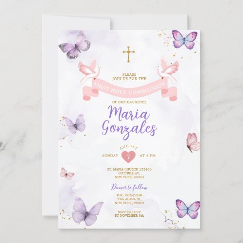 Purple  Pink Girl First Holy Communion Butterfly Invitation
