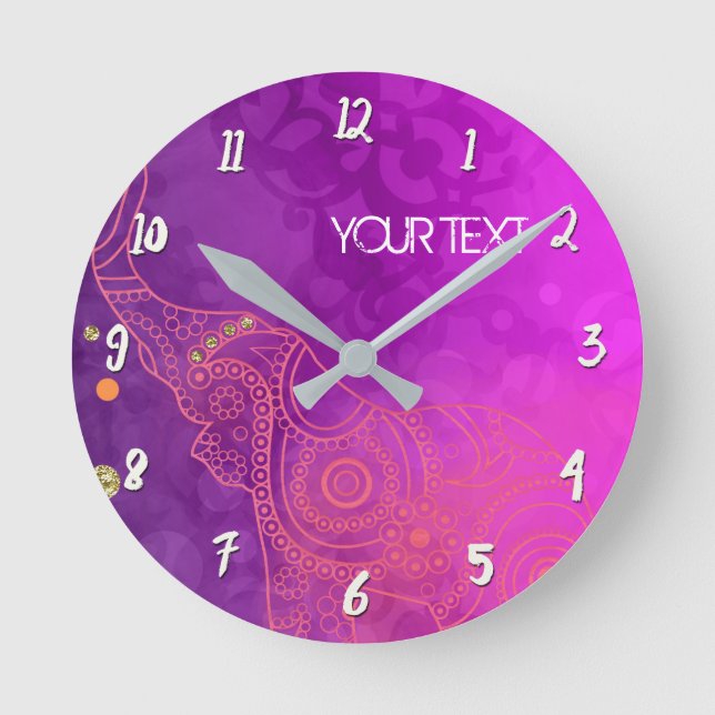 Purple Pink Glam Elephant Personalized Custom Round Clock (Front)