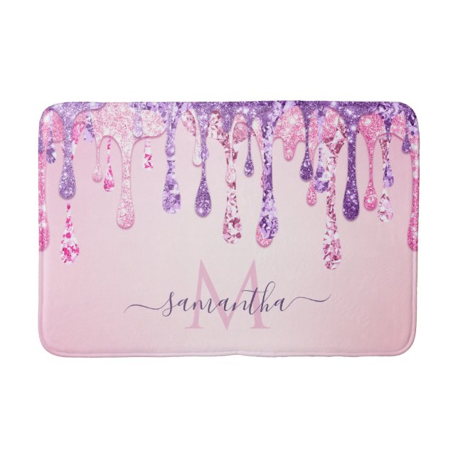Purple Pink Glam Glitter Dripping Monogrammed Name Bath Mat (Front)