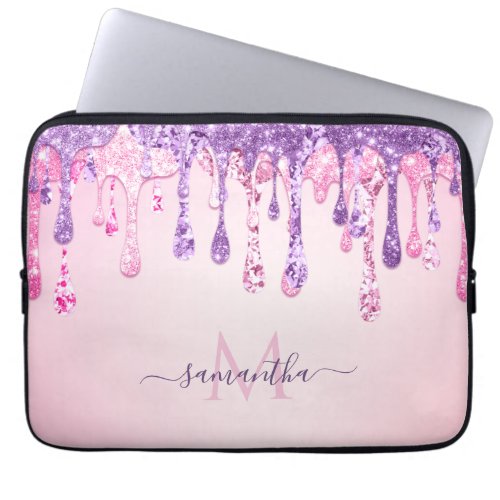 Purple Pink Glam Glitter Dripping Monogrammed Name Laptop Sleeve