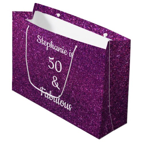 Purple Pink Glitter 50 Fabulous Birthday Modern Large Gift Bag