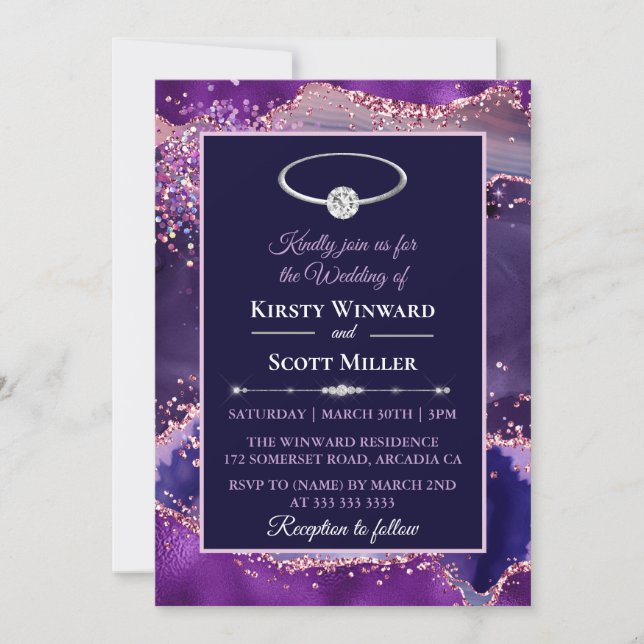 Purple Pink Glitter Agate Wedding Invitation (Front)