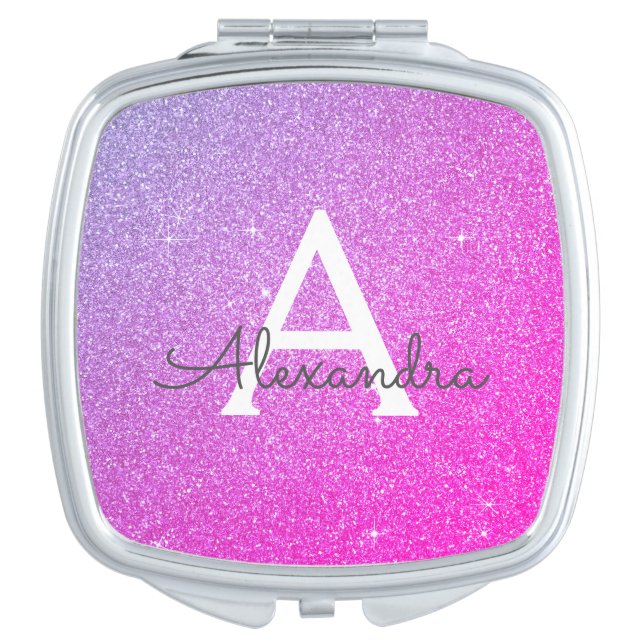 Purple - Pink Glitter and Sparkle Monogram Compact Mirror (Front)