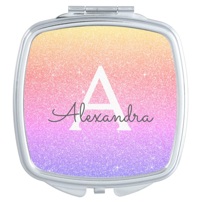 Purple - Pink Glitter and Sparkle Monogram Compact Mirror (Front)