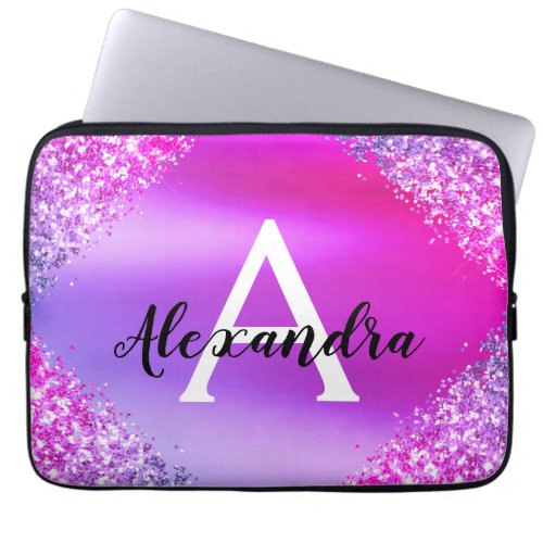 Purple Pink Glitter and Sparkle Monogram Laptop Sleeve