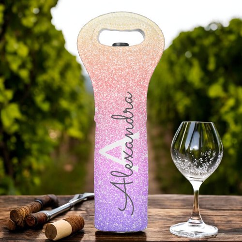 Purple Pink Glitter and Sparkle Monogram Wine Bag