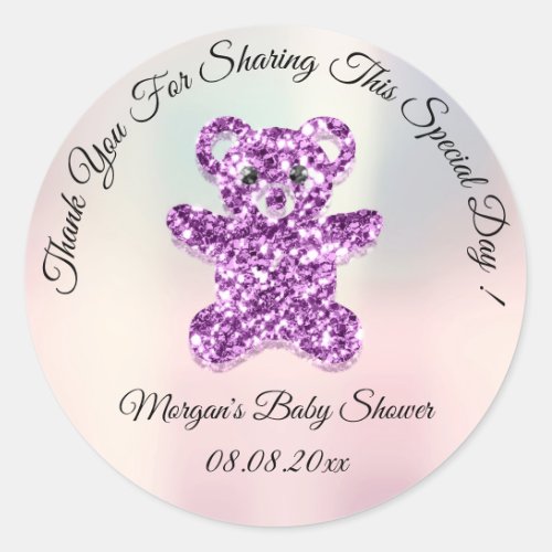 Purple Pink Glitter Bear Baby Shower Favor Thank   Classic Round Sticker