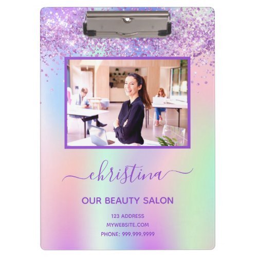Purple pink glitter beauty salon photo business clipboard