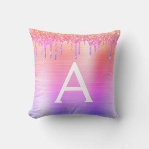 Purple Pink Glitter Brushed Metal Monogram Name Throw Pillow
