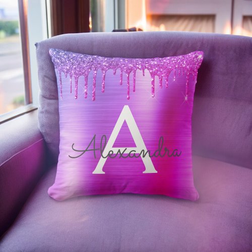 Purple Pink Glitter Brushed Metal Monogram Name Throw Pillow