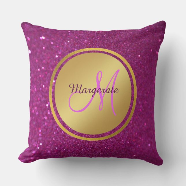 Purple Pink Glitter Brushed Metal Monogram Name Throw Pillow (Front)