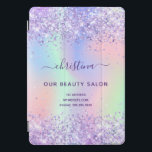 Purple pink glitter business name holographic iPad pro cover<br><div class="desc">A trendy iridescent, holographic background with pastel colors in pink, purple, rose gold, mint green. Decorated with faux glitter dust. For makeup artists, hair designers, hair and beauty salons, nurses. Purple colored letters. Personalize and add your name and contact information. The personal name is written with a modern hand lettered...</div>