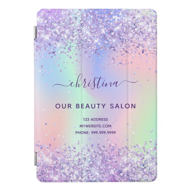 Purple pink glitter business name holographic iPad pro cover (Front)