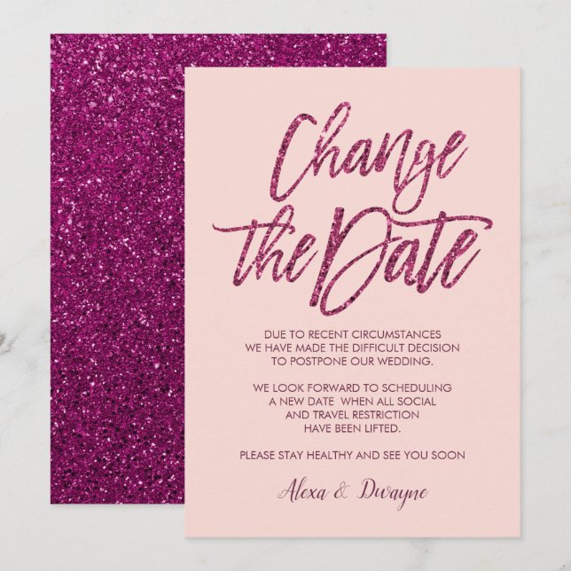Purple pink Glitter Cancelled Postponed Wedding Invitation (Front/Back)