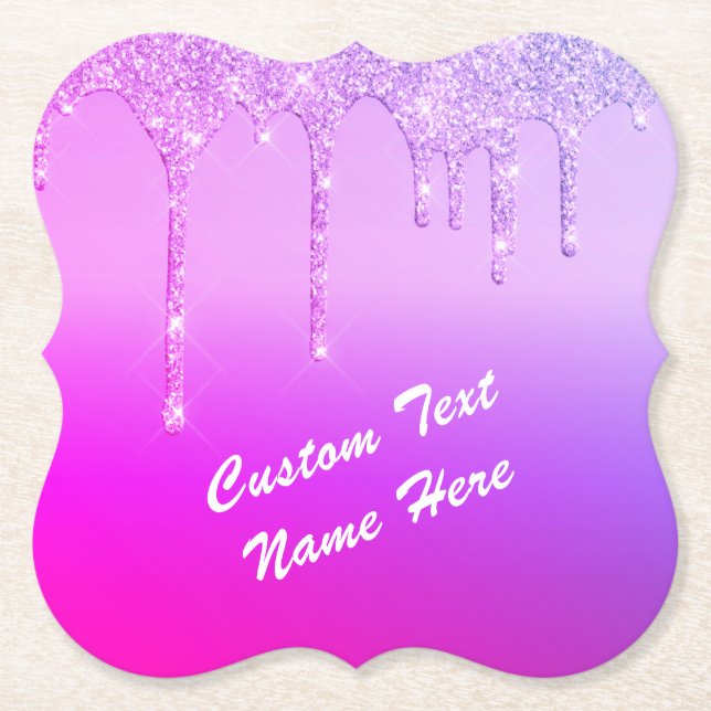 Purple Pink Glitter Coasters Personalized Text (Front)