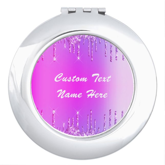 Purple Pink Glitter Compact Mirror Custom Text (Front)