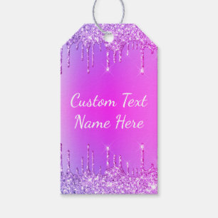 Purple Pink Glitter Custom Text Name Gift Tags