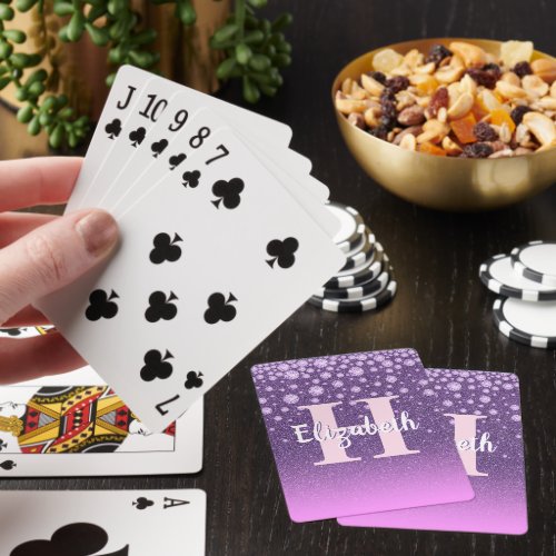 Purple pink glitter diamonds monogrammed poker cards