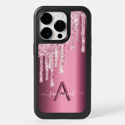 Purple pink glitter drip monogram chic OtterBox iPhone 14 pro case