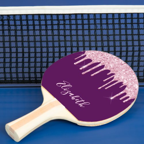 Purple pink glitter drip name ping pong paddle