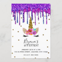 Purple & Pink Glitter Drip Unicorn Birthday Party Invitation