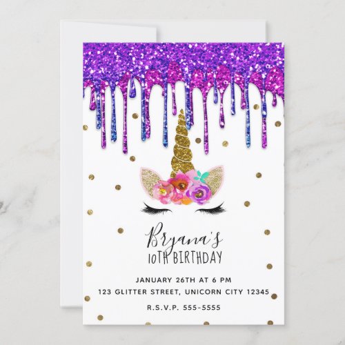 Purple  Pink Glitter Drip Unicorn Birthday Party Invitation