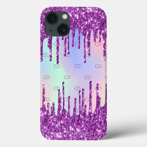 Purple pink glitter drips holographic monogram iPhone 13 case