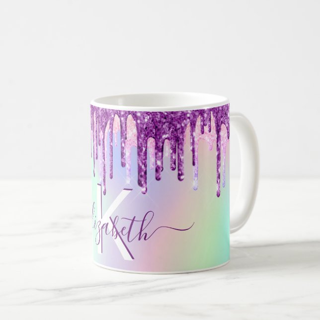 Purple pink glitter drips holographic monogram coffee mug (Front Right)