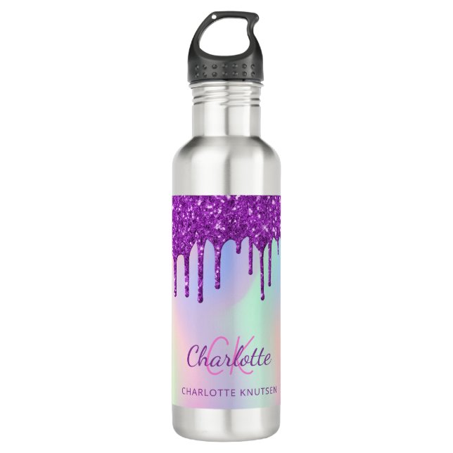 Purple pink glitter drips holographic monogram stainless steel water bottle (Front)