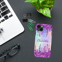 Purple pink glitter drips holographic name