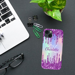 Purple pink glitter drips holographic name iPhone 13 case