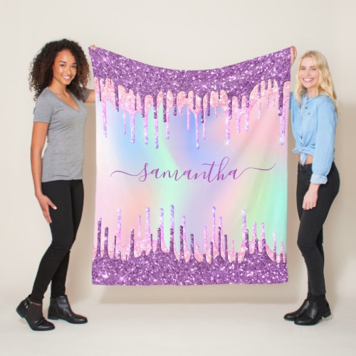 Purple pink glitter drips holographic name fleece blanket