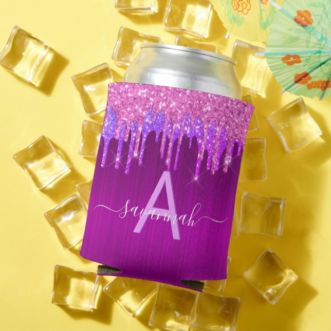 Purple pink glitter drips monogram glamorous can cooler (In Situ Summer)