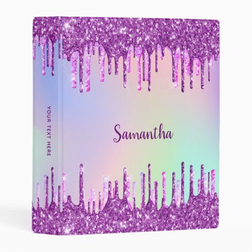 Purple pink glitter drips monogram holographic mini binder