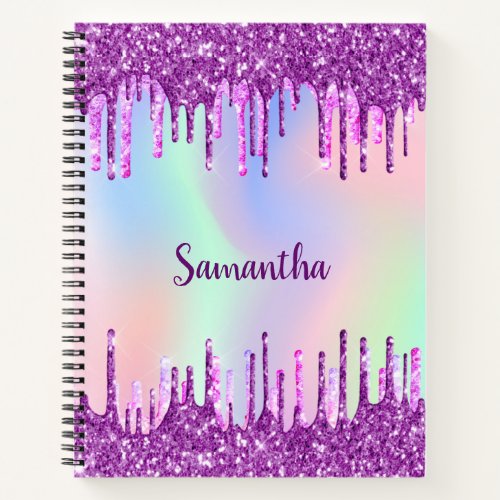Purple pink glitter drips monogram holographic notebook