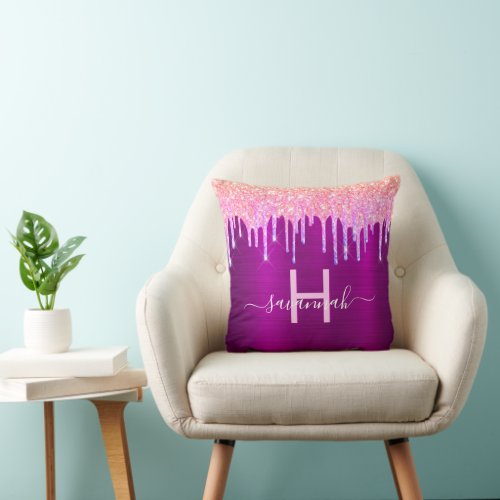 Purple pink glitter drips monogram name throw pillow