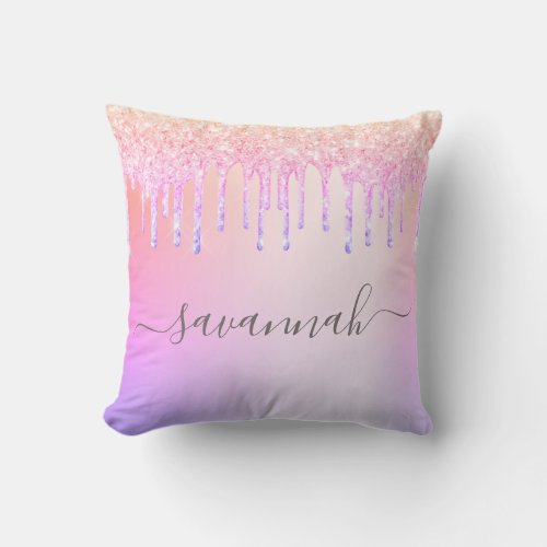 Purple pink glitter drips monogram sparkle throw pillow