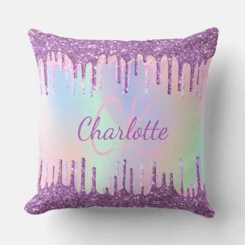 Purple pink glitter drips name monogram script outdoor pillow