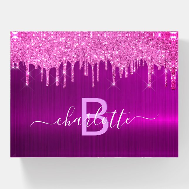 Purple pink glitter drips name script paperweight (Front)